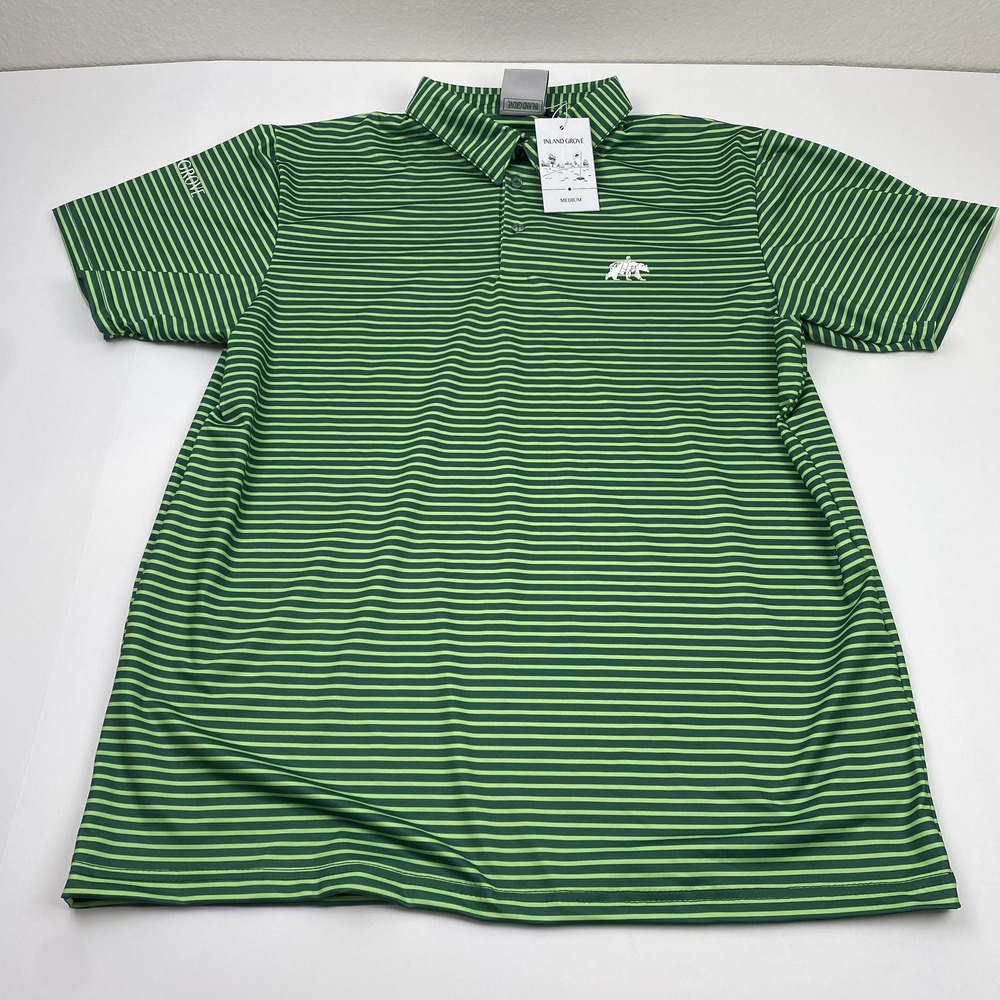 Inland Grove Polo Shirt Mens Medium Green Stripe Golf Performance Bear Logo